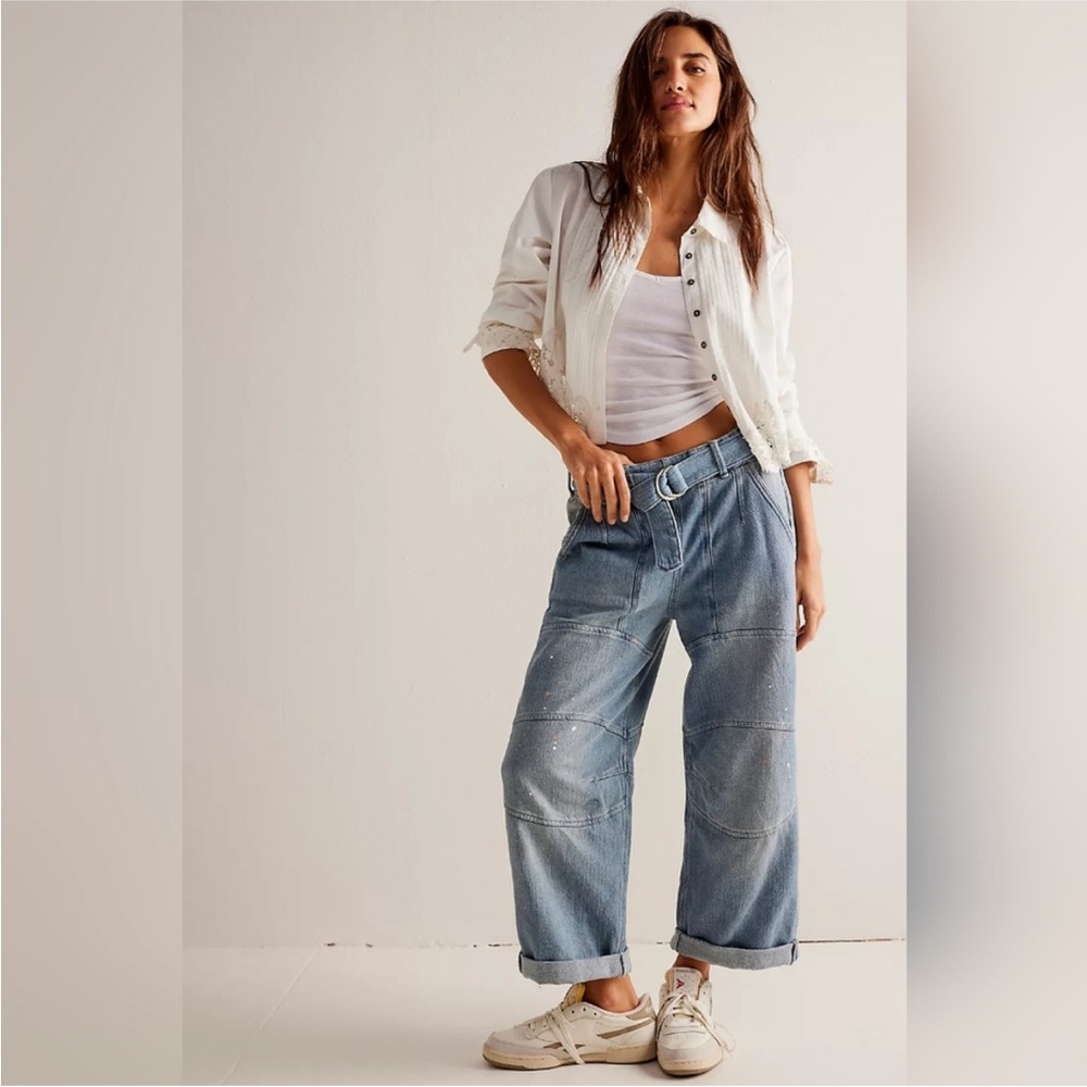 We The Free People Belted Pull On Cropped Jeans Relaxed Fit Pavement